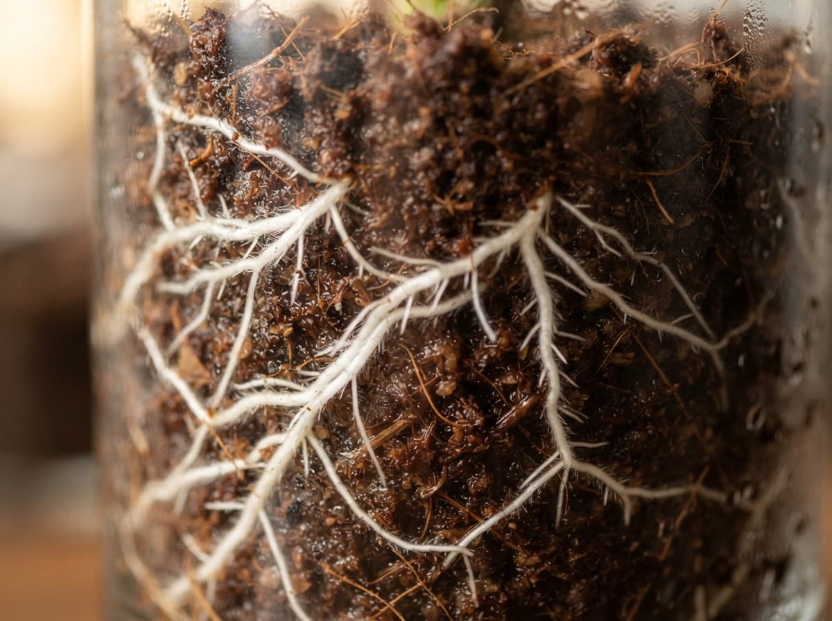White coconut-peat roots growing through dark organic substrate in a glass container