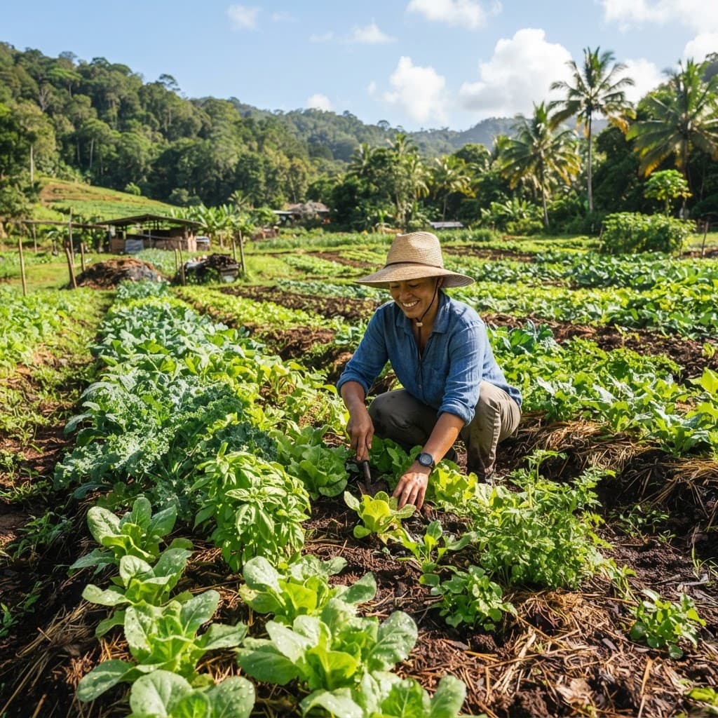 A farmer in a straw hat tending leafy greens in a coconut-palm landscape